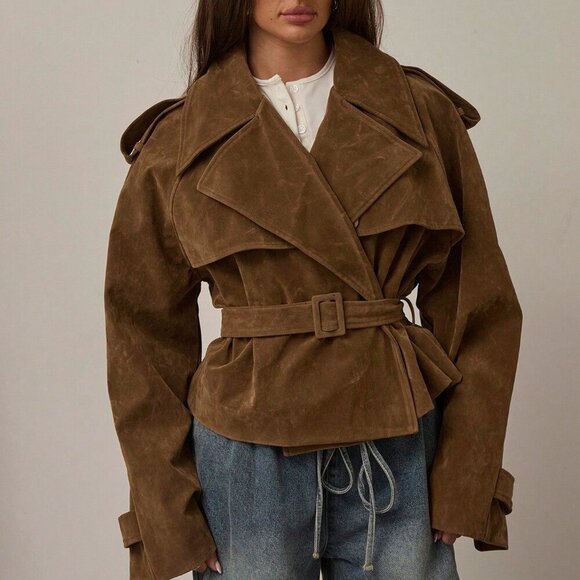 Brown Women's Casual faux Suede Long-Sleeve Belted mini Trench Coat - Picture 3 of 8